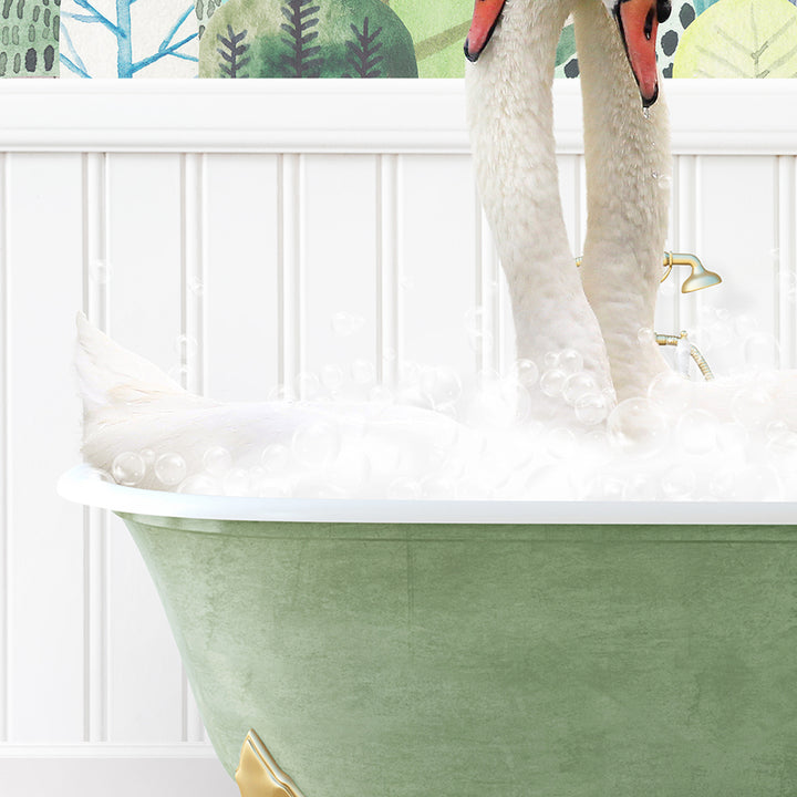 a white swan standing in a bathtub filled with foam