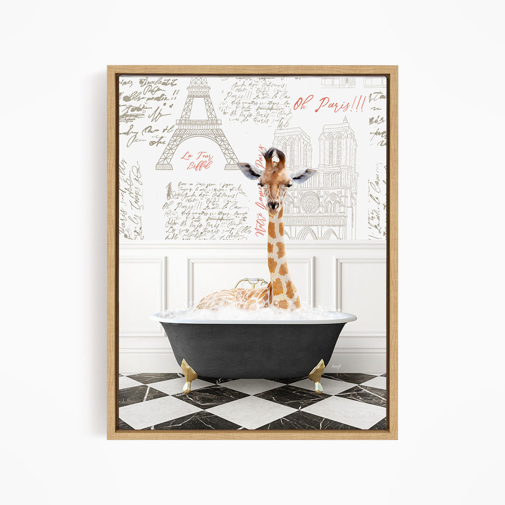 A giraffe sitting in a bathtub filled with bubbles, surrounded by a Paris-themed background with the Eiffel Tower and other landmarks.