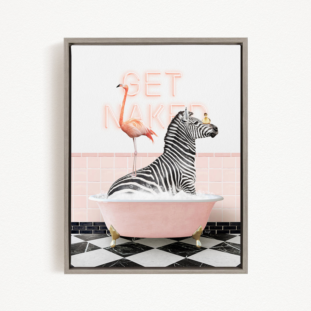A zebra sitting in a pink bathtub, with a flamingo standing on its back, and the words "GET NAKED" written on the wall behind them.