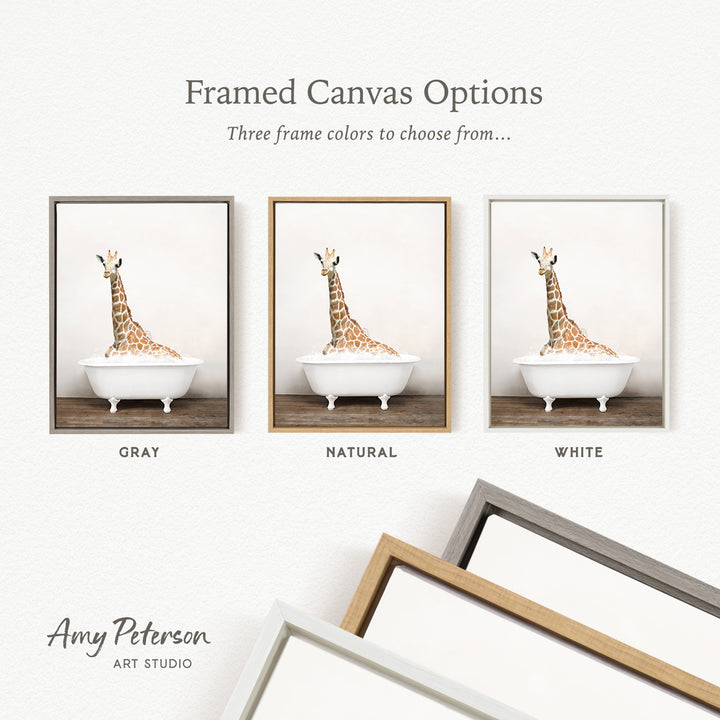 three framed canvas options, each featuring a giraffe sitting in a bathtub. The options include a gray frame, a natural frame, and a white frame.
