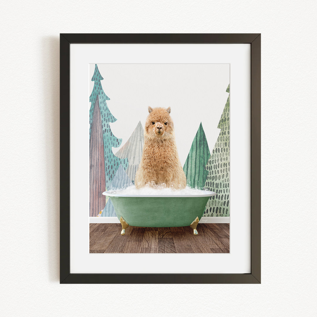 A fluffy brown dog sitting in a green bathtub, surrounded by a forest-themed background.