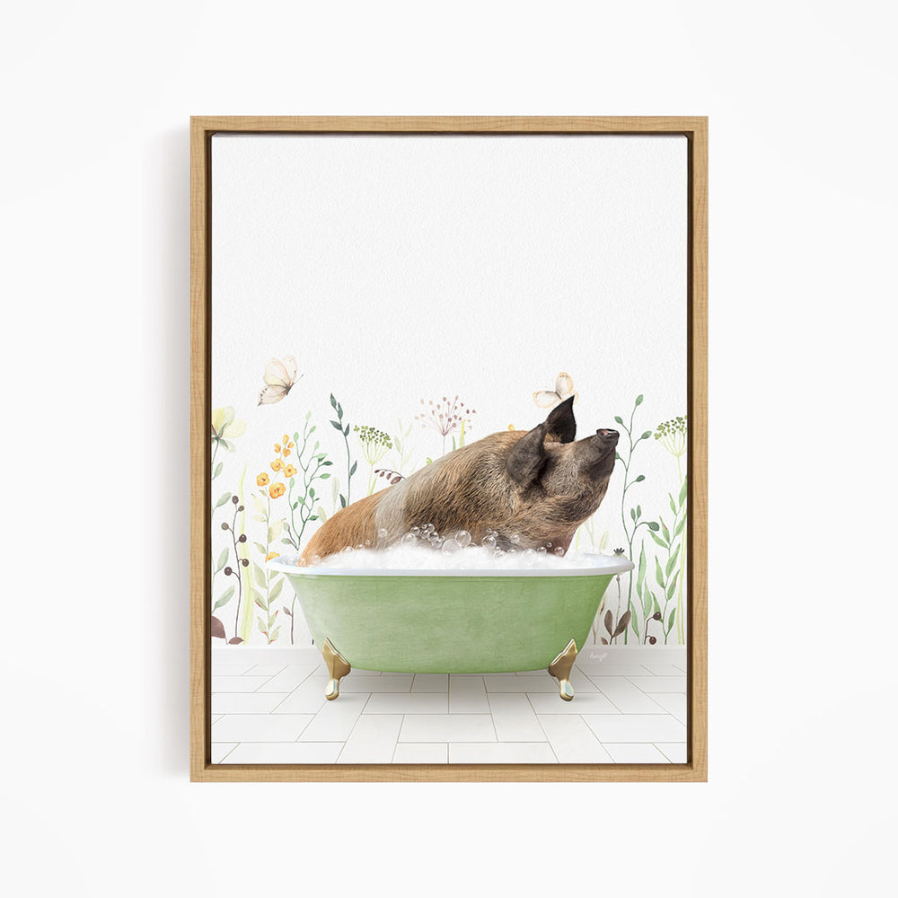 A brown pig sitting in a green bathtub filled with bubbles, surrounded by flowers and butterflies.
