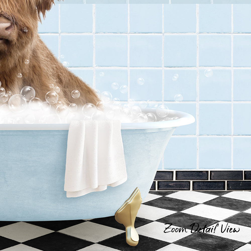 A dog is sitting in a bathtub filled with bubbles, with a towel and a gold shoe placed on the floor next to the tub.