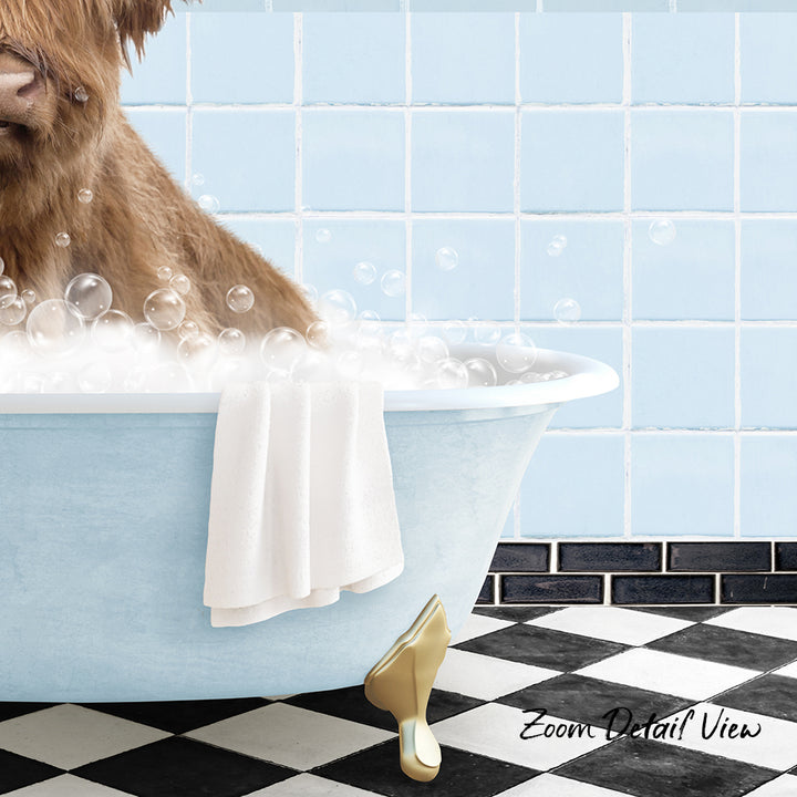 A dog is sitting in a bathtub filled with bubbles, with a towel and a gold shoe placed on the floor next to the tub.