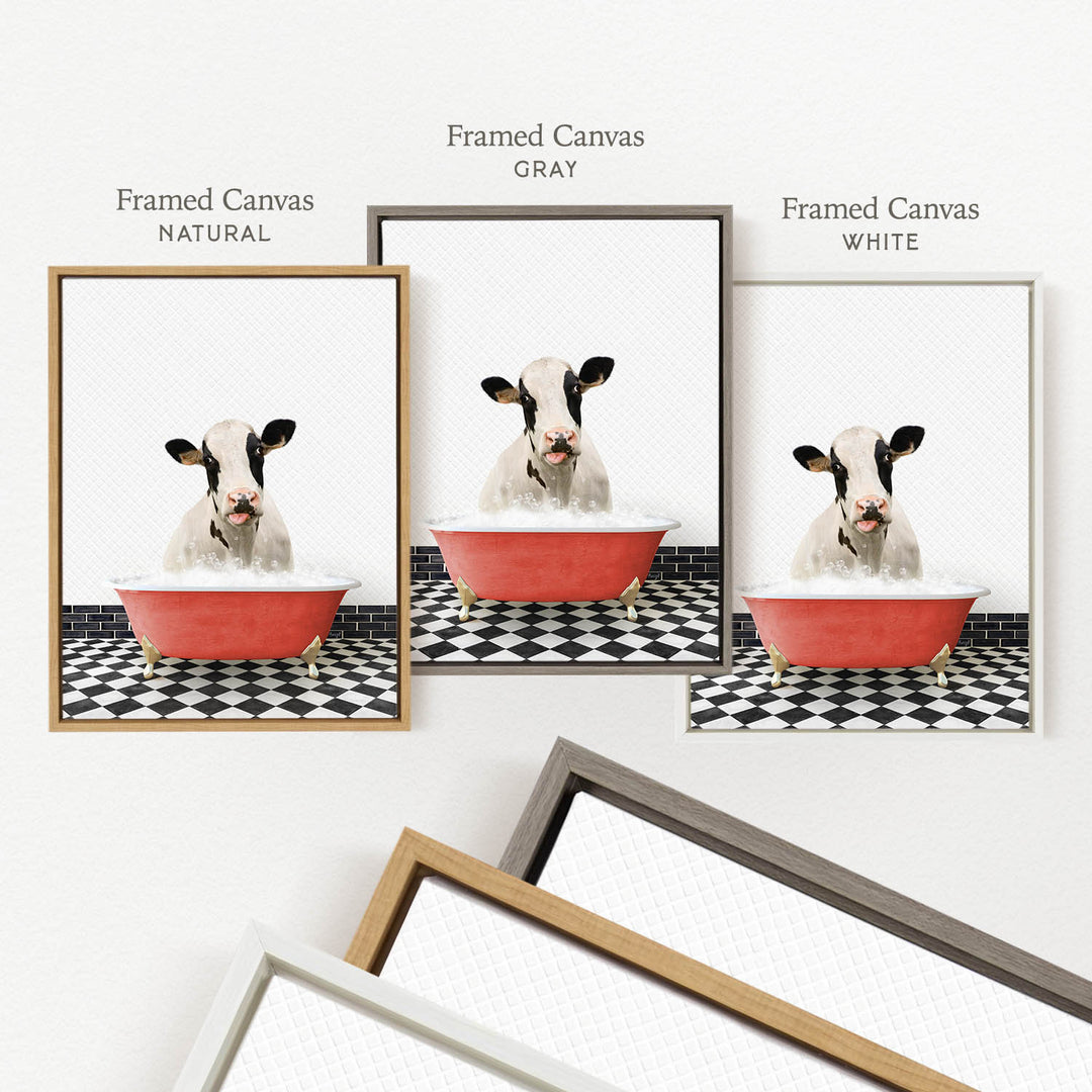 a cow sitting in a red bathtub, surrounded by a black and white checkered floor.