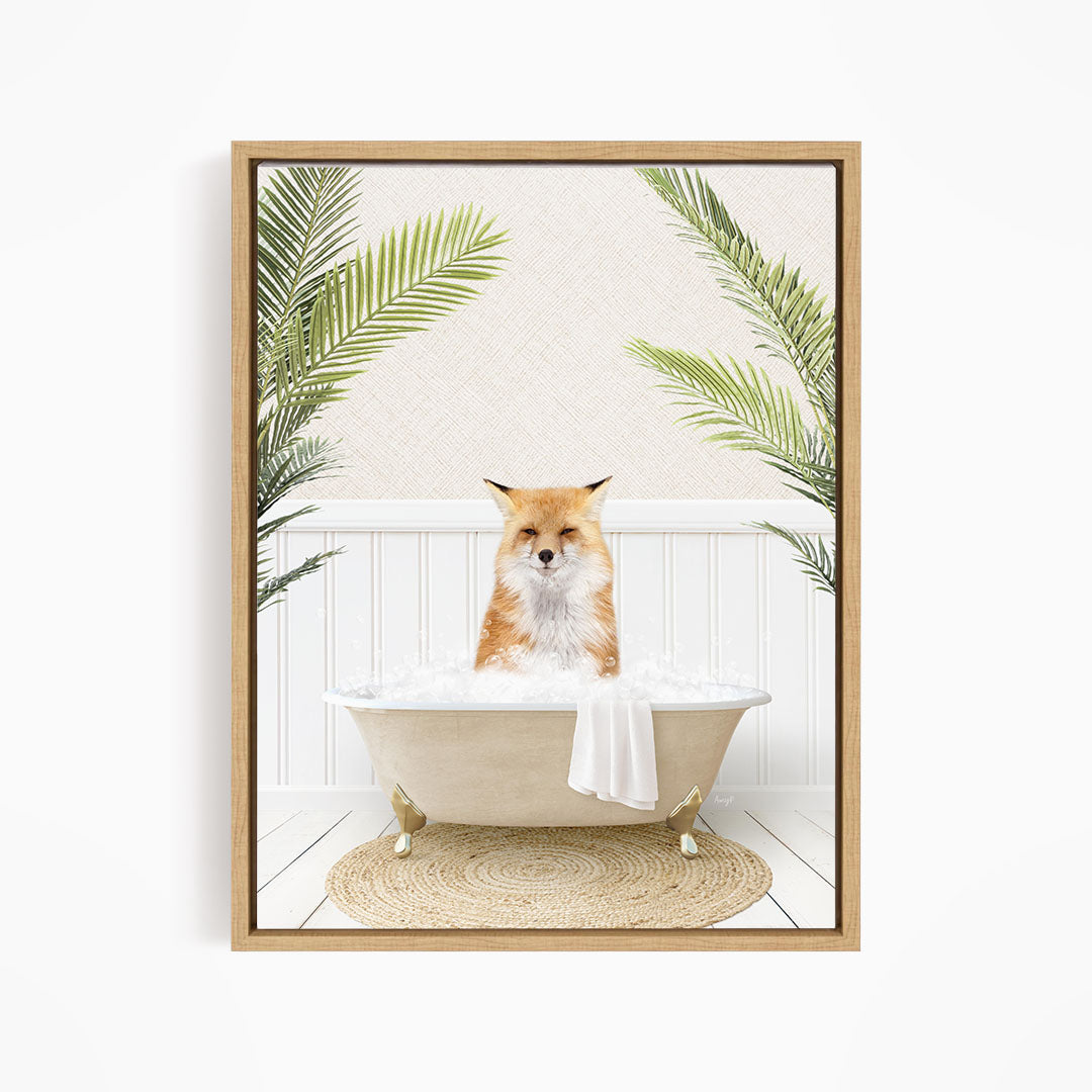 A fox is sitting in a bathtub filled with water, surrounded by green plants.