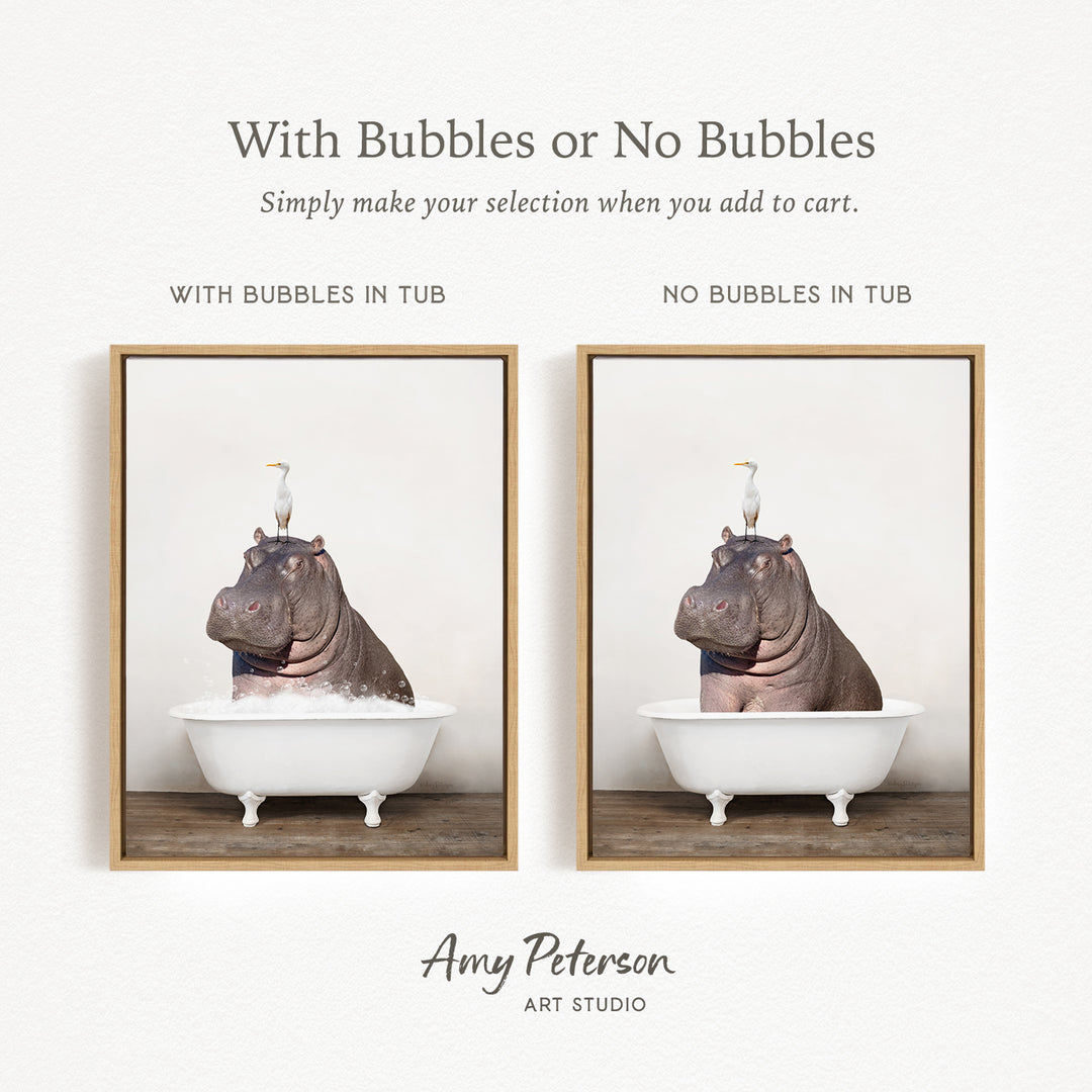 The image is a collage of two pictures featuring a hippopotamus in a bathtub. The first picture shows a hippopotamus with bubbles in the tub, while the second picture shows a hippopotamus without bubbles in the tub.