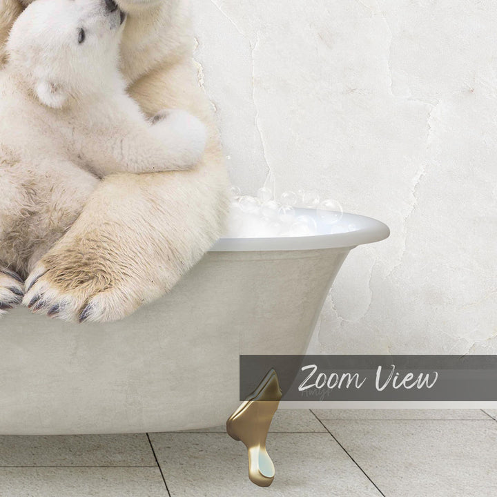 A polar bear sitting in a bathtub, with bubbles surrounding it, and a "Zoom View" label below the image.