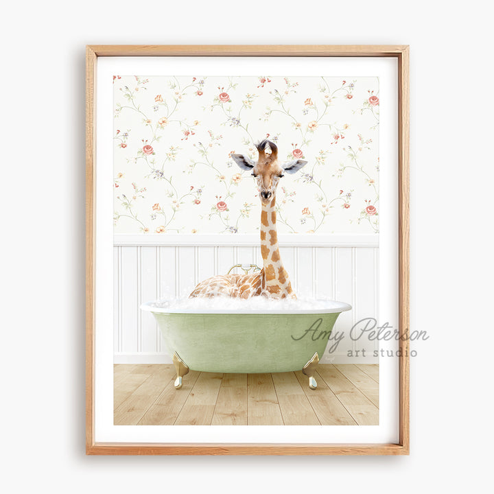 a baby giraffe sitting in a bath tub