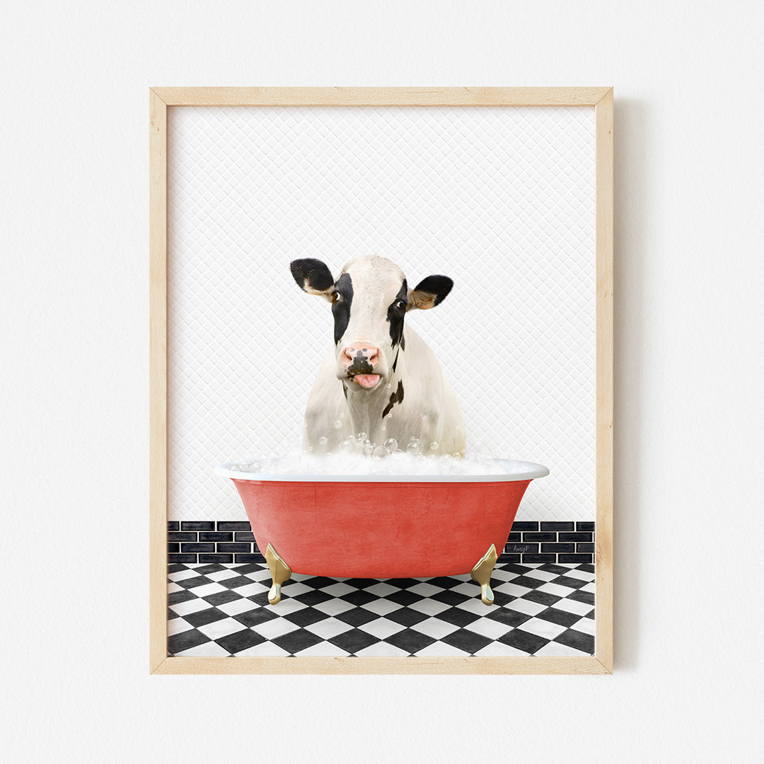 a cow sitting in a bathtub with a black and white checkered floor