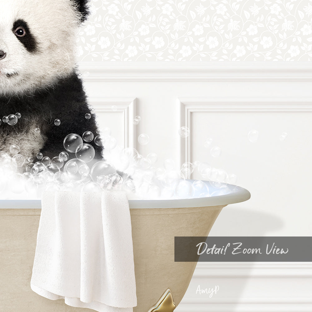 A panda bear sitting in a bathtub filled with bubbles, with a towel draped over the side of the tub.