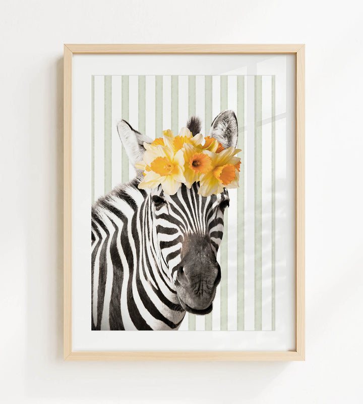 A zebra wearing a yellow flower crown is the focus of the framed image.