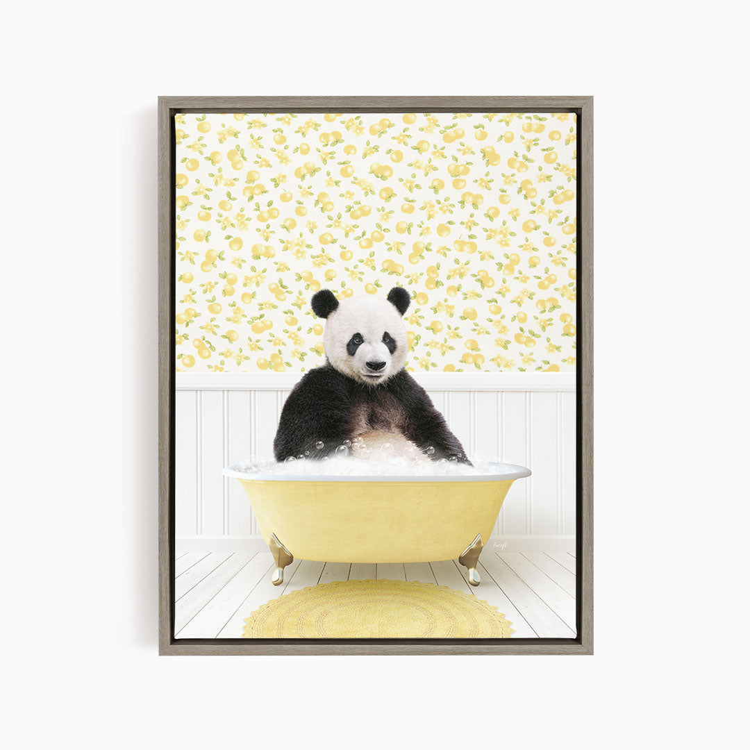 A panda bear sitting in a yellow bathtub filled with bubbles, surrounded by a yellow floral wallpaper.