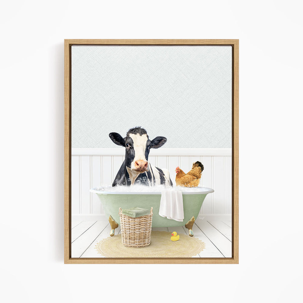 A cow is sitting in a bathtub filled with water, surrounded by a chicken and a rubber duck, creating a whimsical and playful scene.