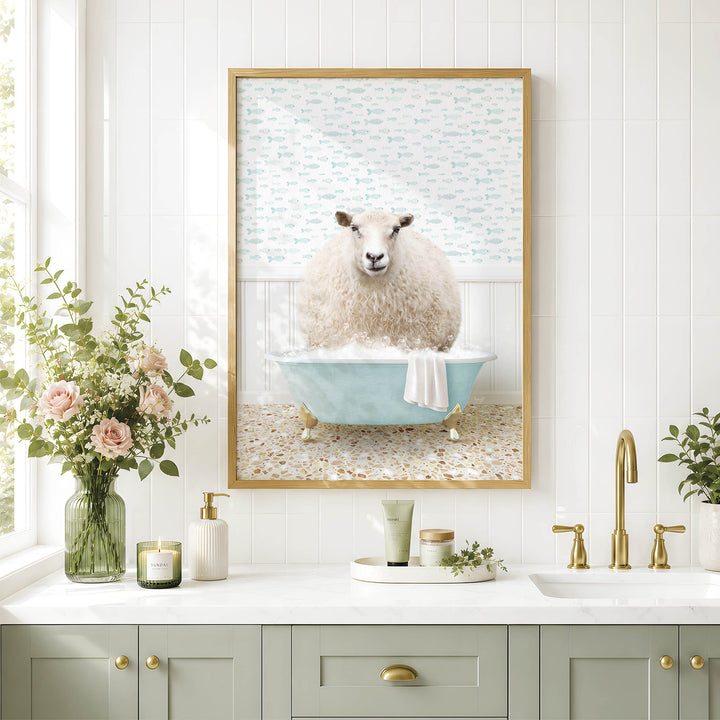 a bathroom scene with a framed picture of a sheep sitting in a bathtub, surrounded by flowers and a vase.