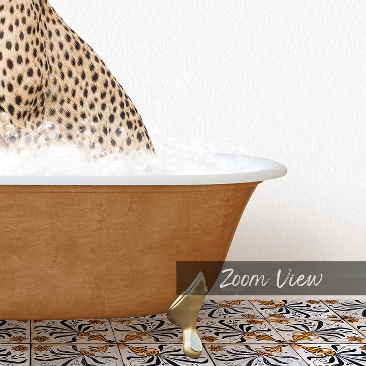 A leopard resting in a bathtub filled with water, with a patterned tile floor visible beneath the tub.