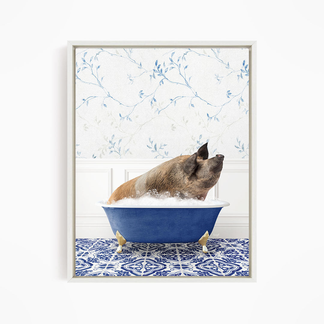 A pig sitting in a blue bathtub filled with water, surrounded by a patterned tile floor.