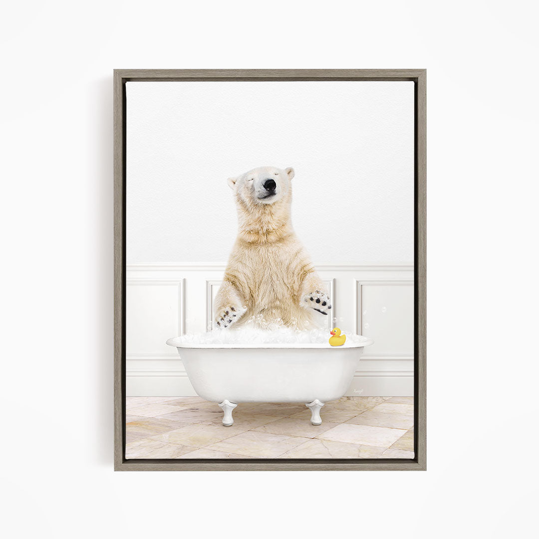A polar bear standing in a white bathtub, with a rubber duck floating in the water.
