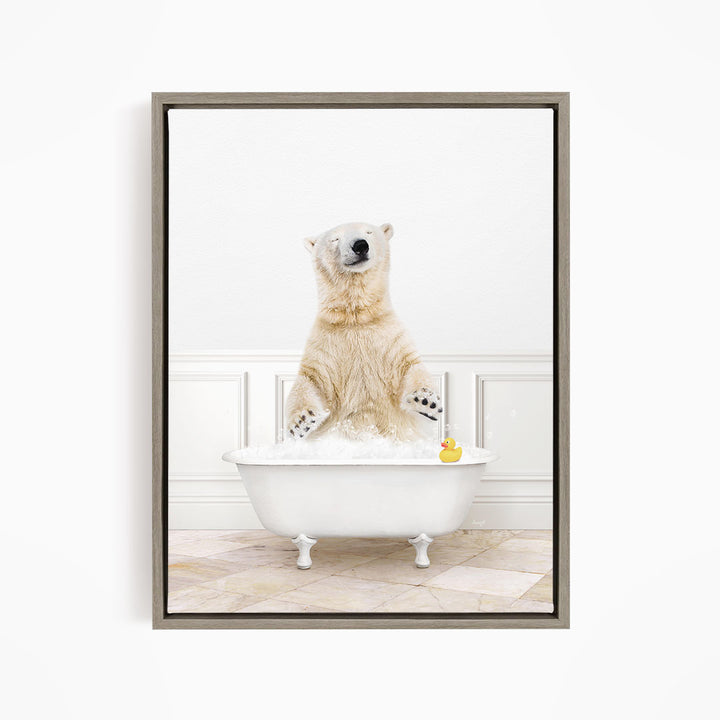 A polar bear standing in a white bathtub, with a rubber duck floating in the water.