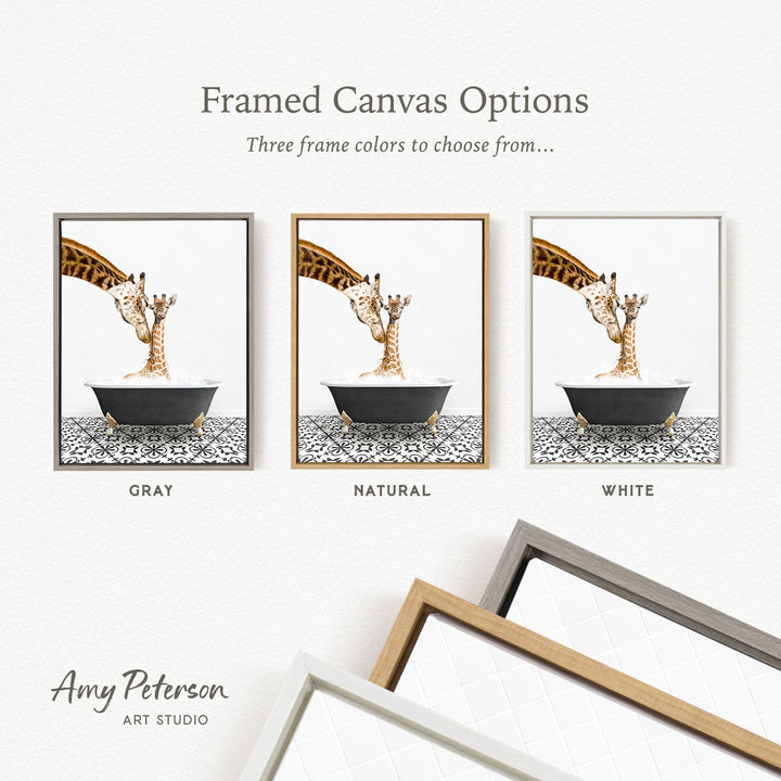 The image is a framed canvas option featuring three different colored frames, each containing a painting of a giraffe in a bathtub.