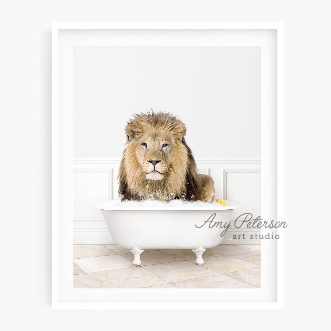 a lion is sitting in a bathtub with his head sticking out