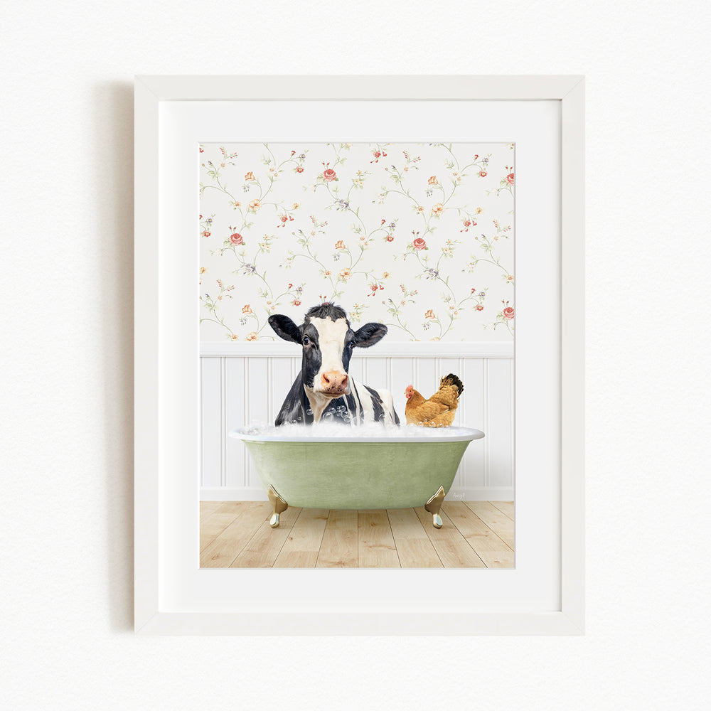 A black and white cow is sitting in a green bathtub, with a chicken standing nearby, against a floral wallpaper background.