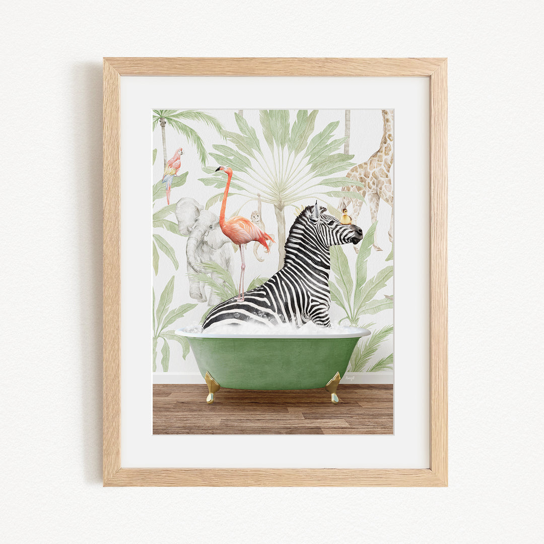A framed illustration depicting a zebra sitting in a green bathtub, surrounded by various tropical animals such as flamingos, giraffes, and palm trees.