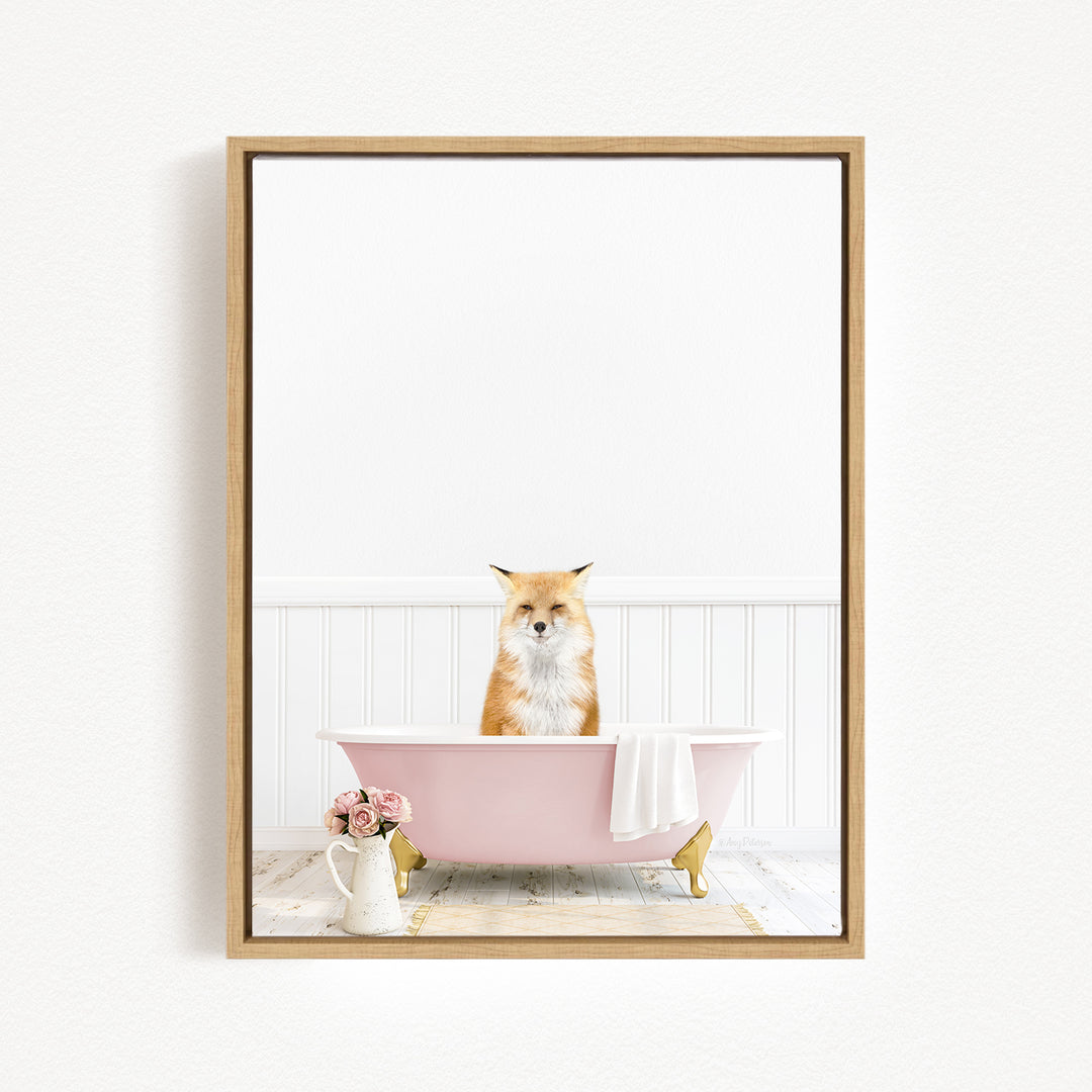 A fox is sitting in a pink bathtub, surrounded by flowers and a white vase, creating a whimsical and charming scene.