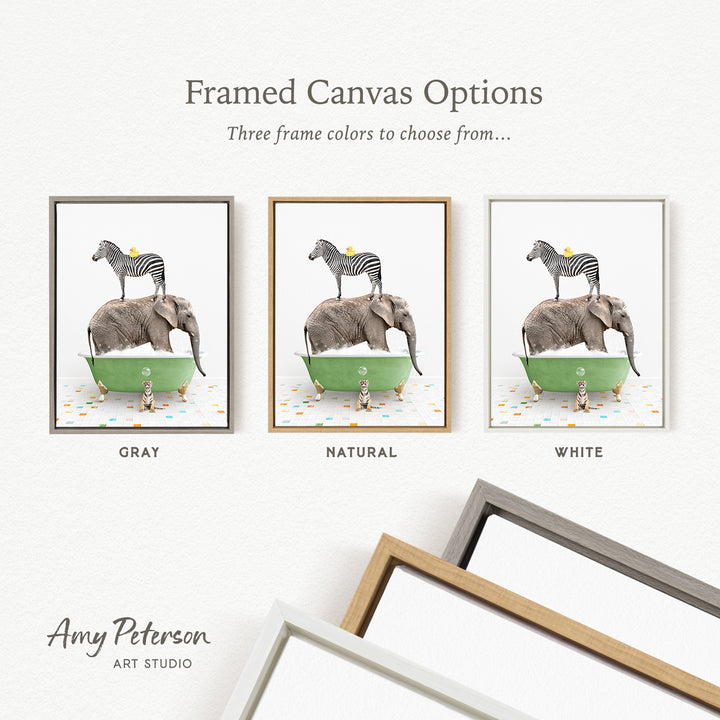 three framed canvas options featuring a zebra, elephant, and dog in bathtubs, with three different frame colors to choose from: gray, natural, and white.