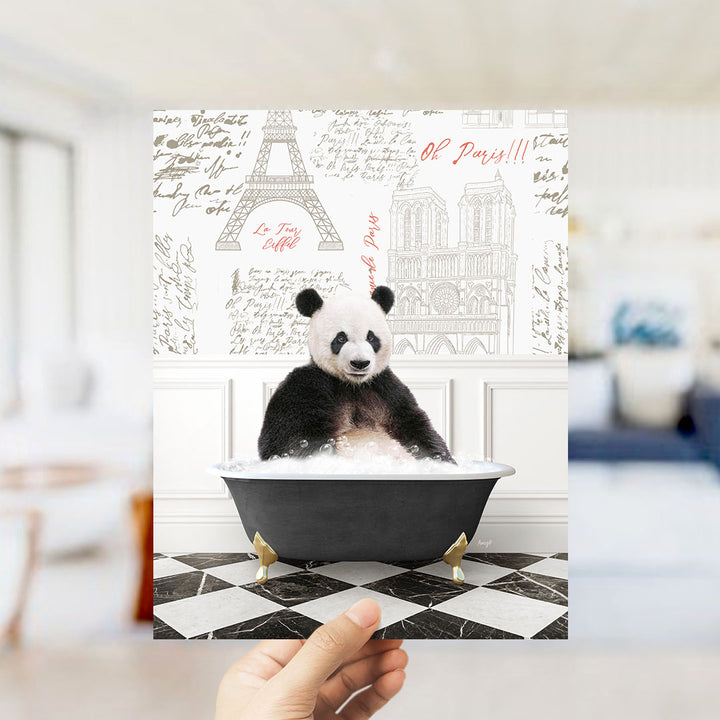 A panda bear sitting in a bathtub filled with bubbles, surrounded by various Paris-themed illustrations and text.