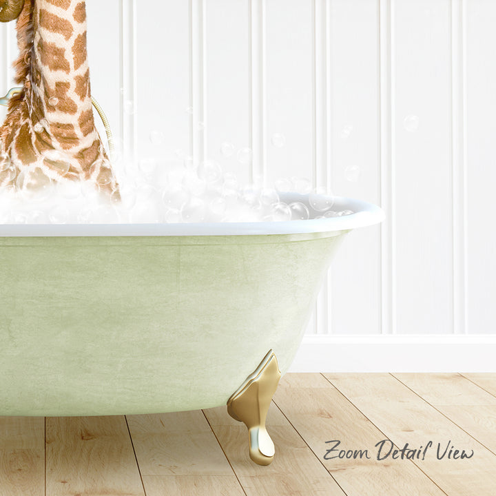 A giraffe standing in a bathtub filled with bubbles, with a wooden floor and white walls in the background.