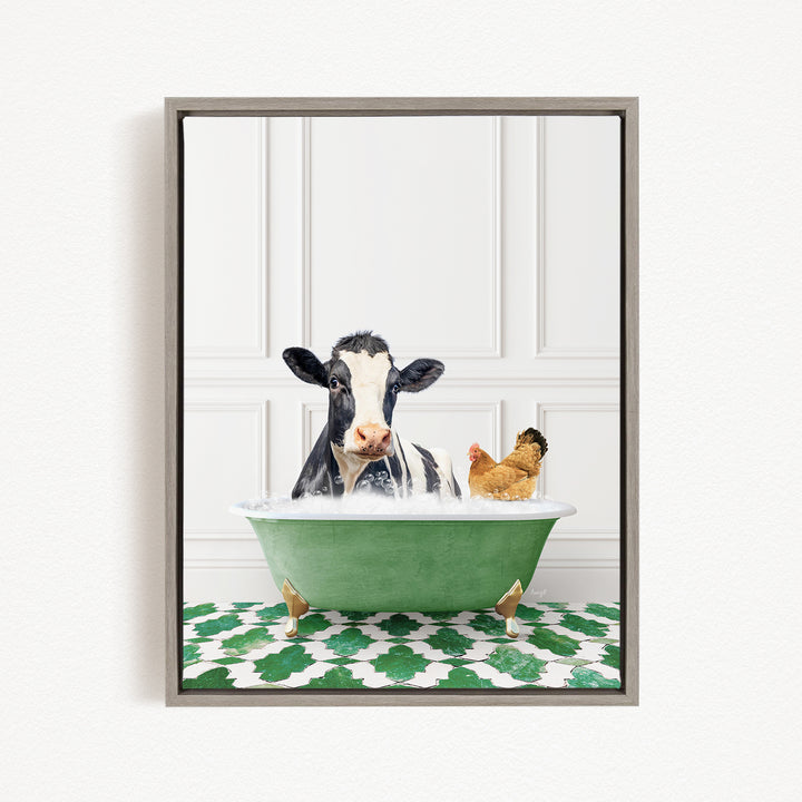 A black and white cow is sitting in a green bathtub, with a chicken standing nearby, in a white-walled room with a green and white patterned floor.