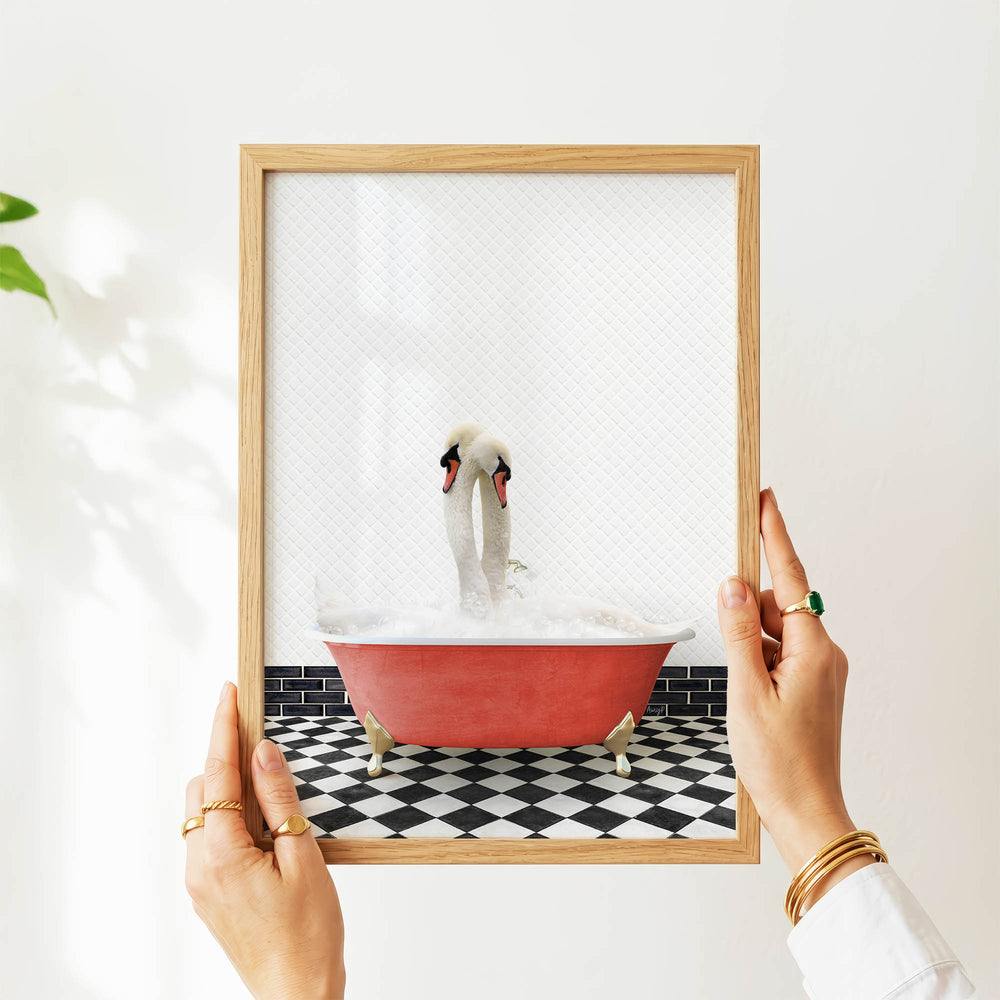 A person's hands are holding a framed picture of a pair of swans in a red bathtub, with a black and white checkered floor in the background.