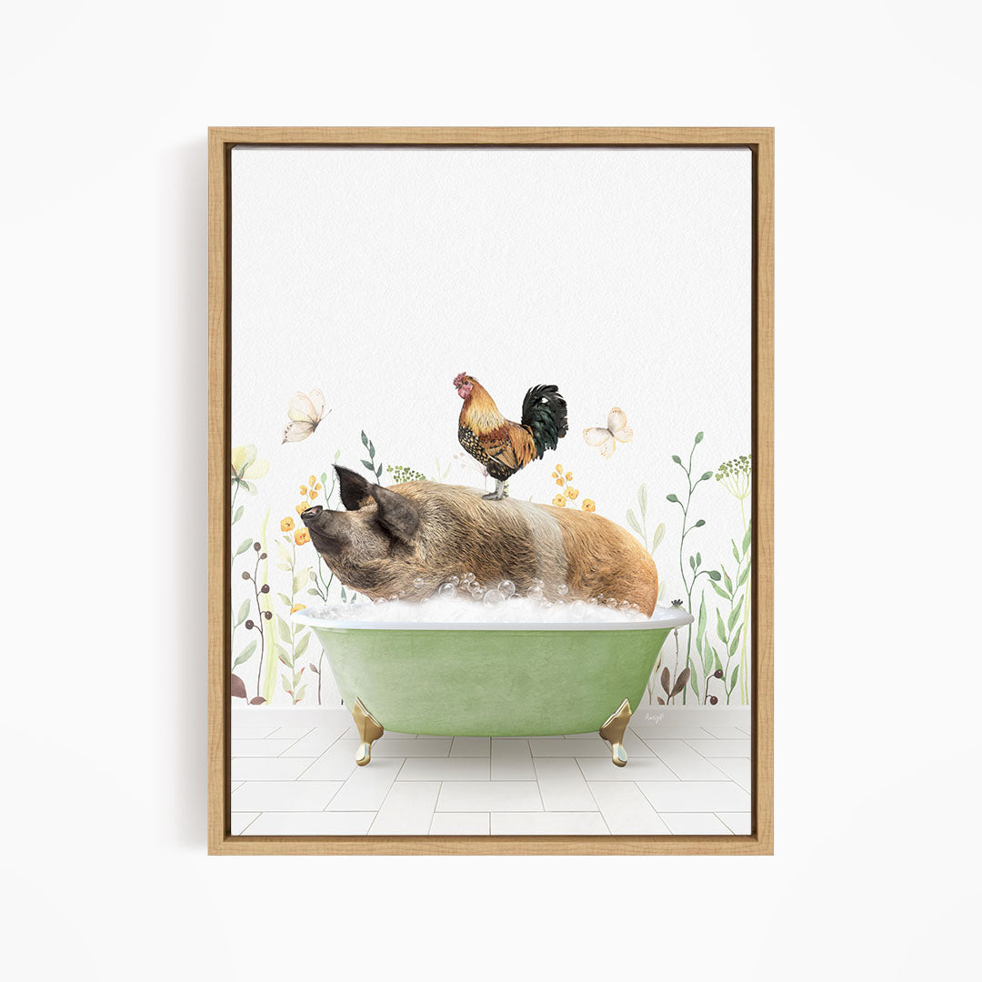 A rooster sits atop a pig in a green bathtub, surrounded by flowers and butterflies, creating a whimsical and charming scene.