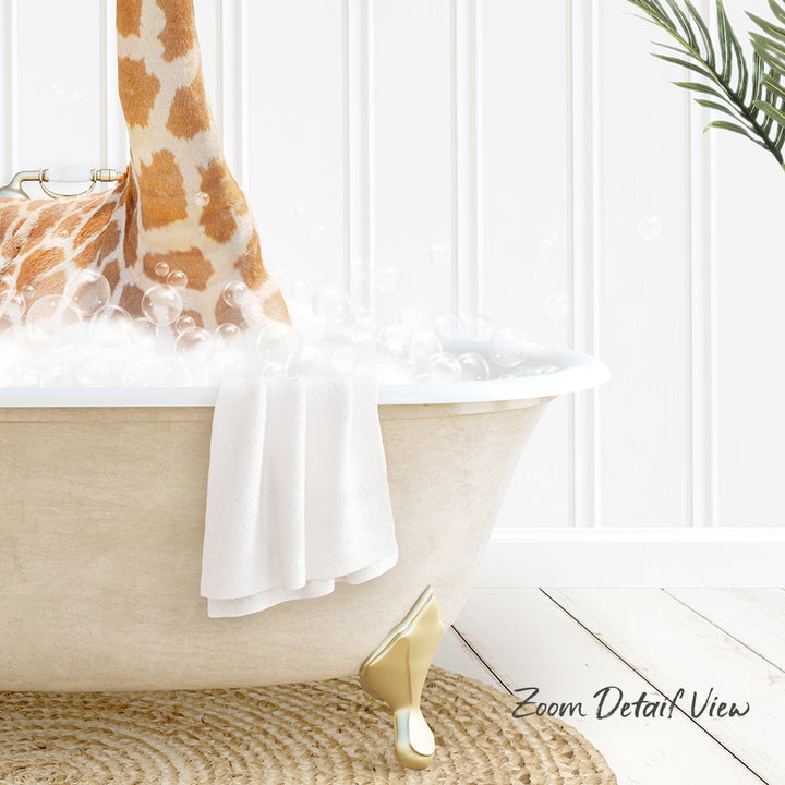 A giraffe standing in a bathtub filled with bubbles, with a towel and a plant nearby.