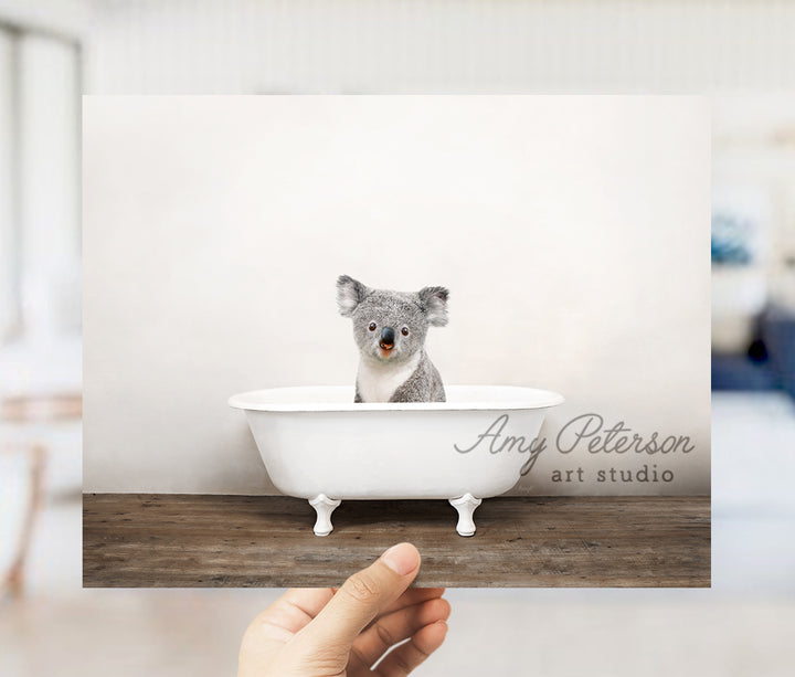 a hand holding a photo of a koala in a bathtub