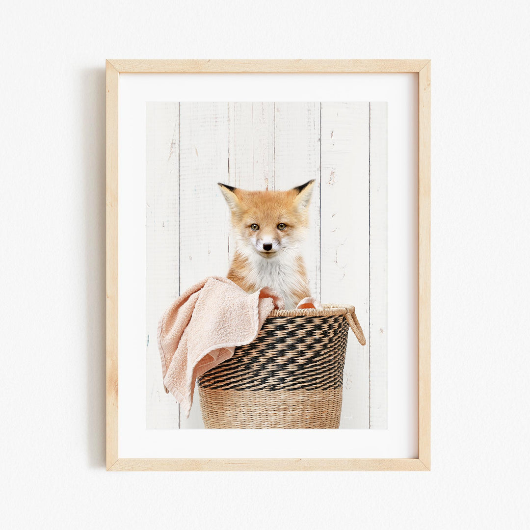 A young fox sits in a woven basket, looking directly at the camera with a curious expression.