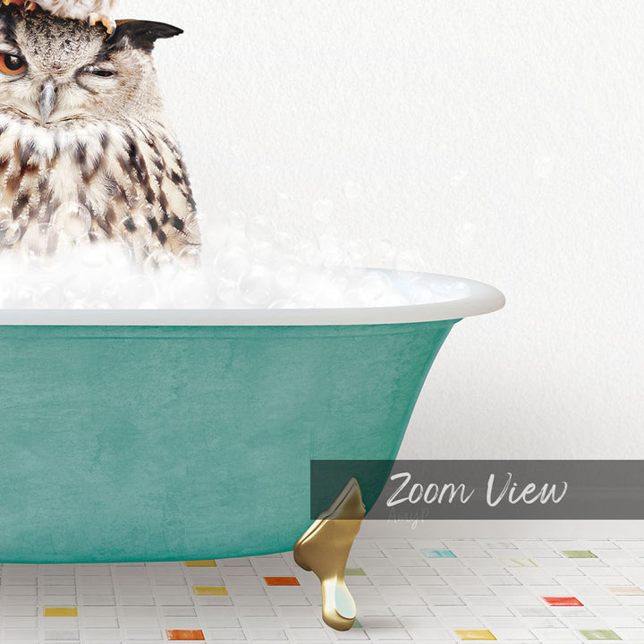 A large owl sitting in a green bathtub filled with bubbles, with a text overlay that reads "Zoom View".