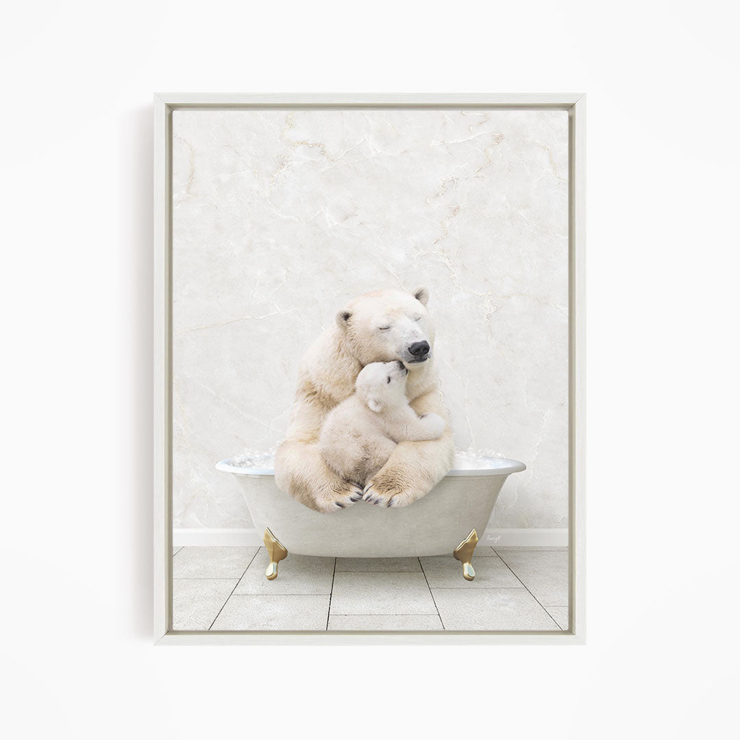 A mother polar bear and her cub sitting together in a bathtub, with the mother appearing to be comforting her cub.