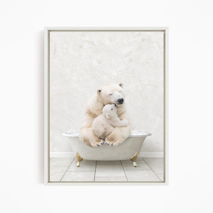 A mother polar bear and her cub sitting together in a bathtub, with the mother appearing to be comforting her cub.