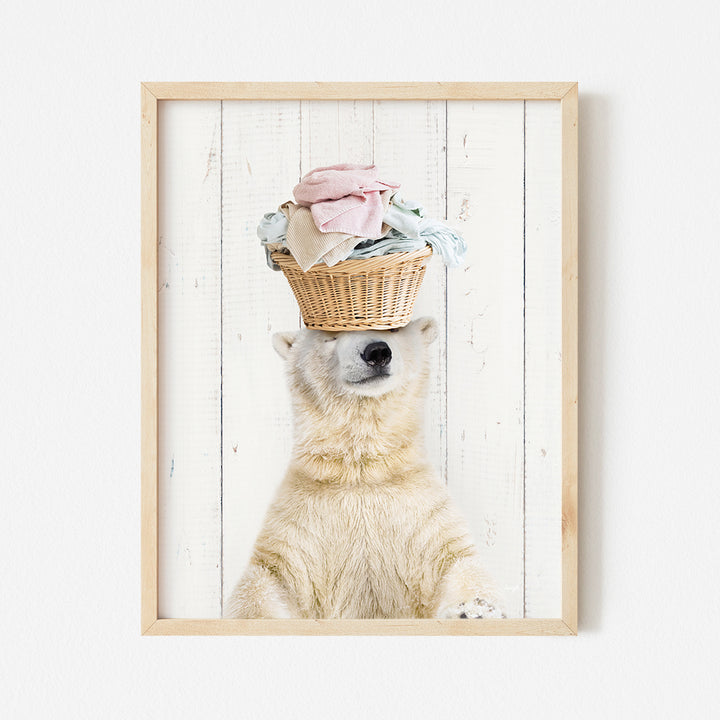 a polar bear with a basket on his head