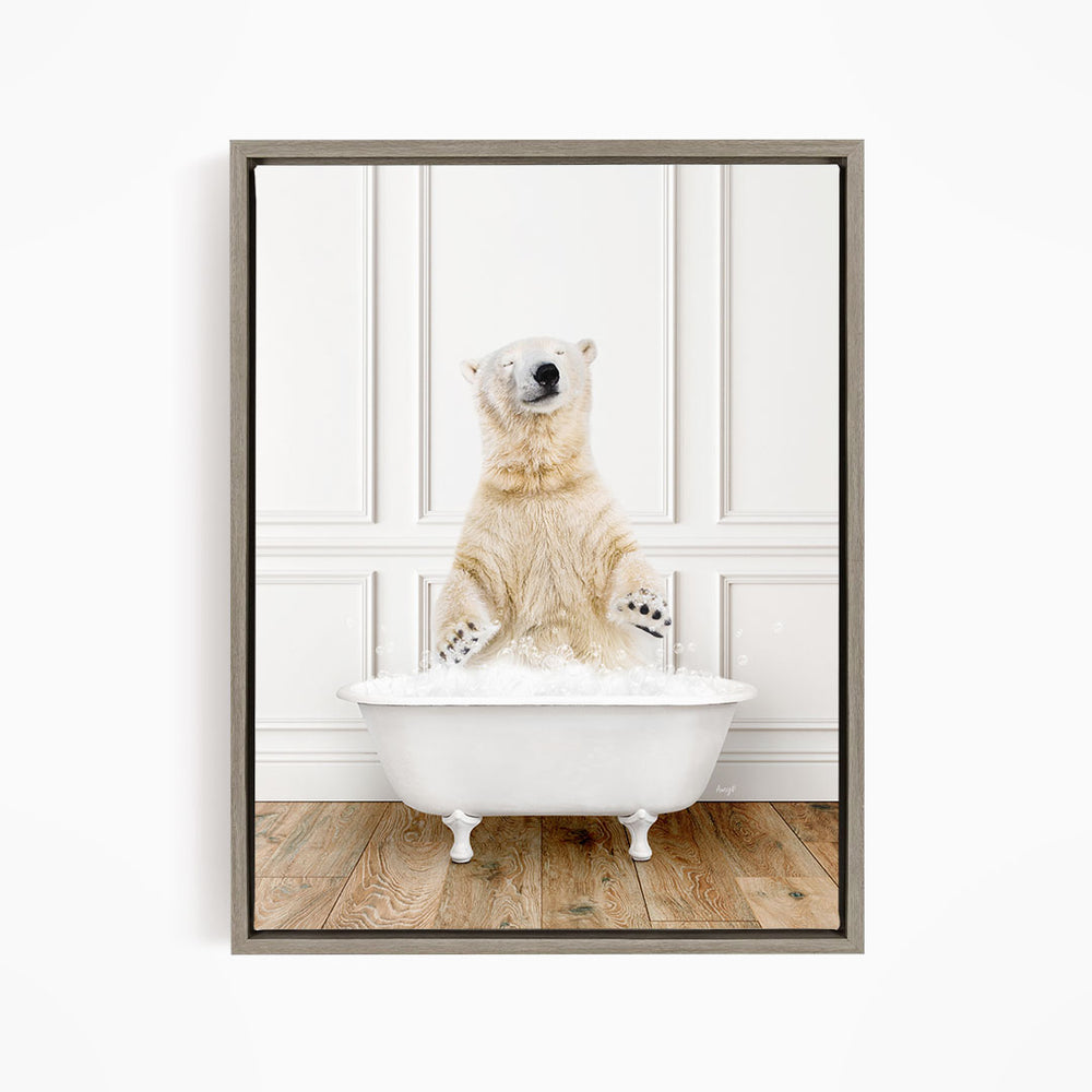 A polar bear standing in a white bathtub filled with water, appearing to be enjoying a bath.