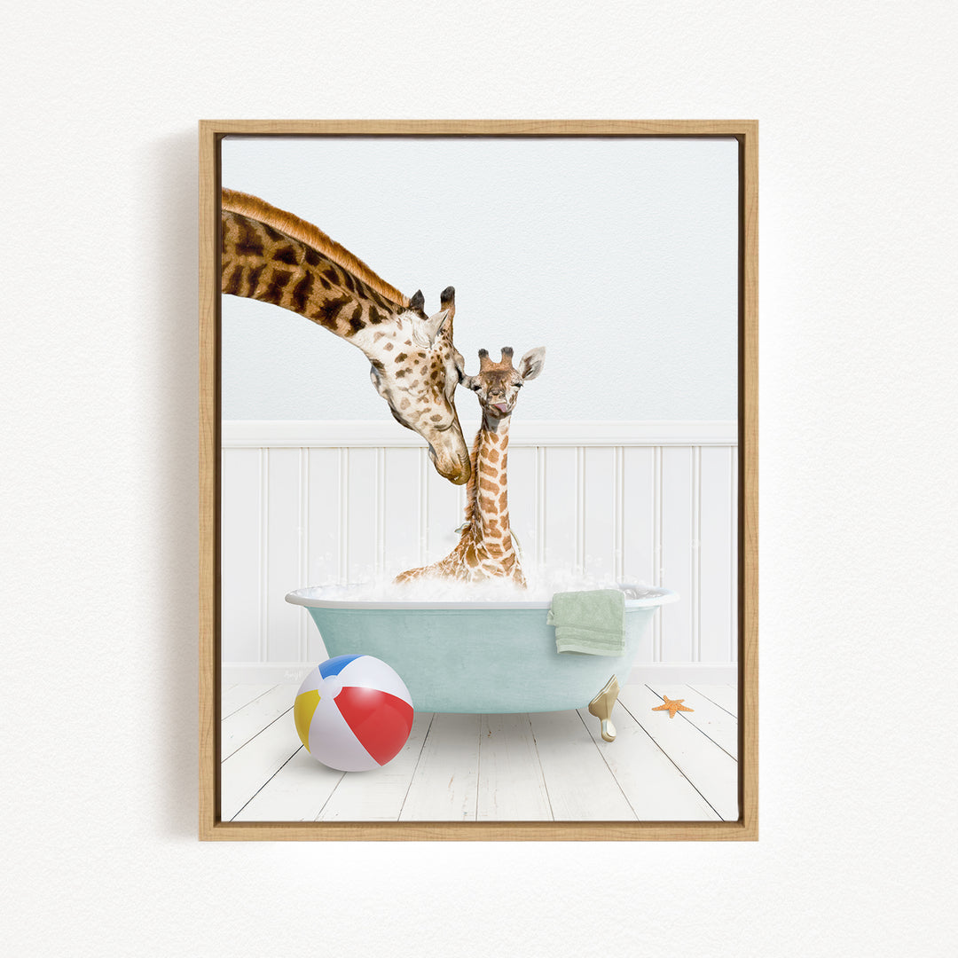 A giraffe and a baby giraffe are sitting in a bathtub filled with water, surrounded by a beach ball and a towel.