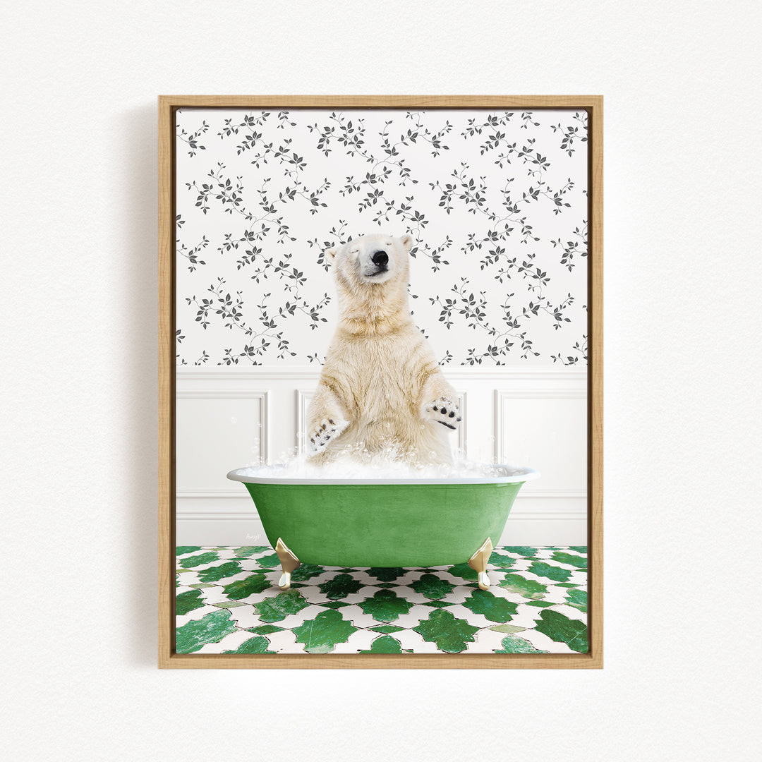 A polar bear sitting in a green bathtub filled with water, surrounded by a patterned wall.