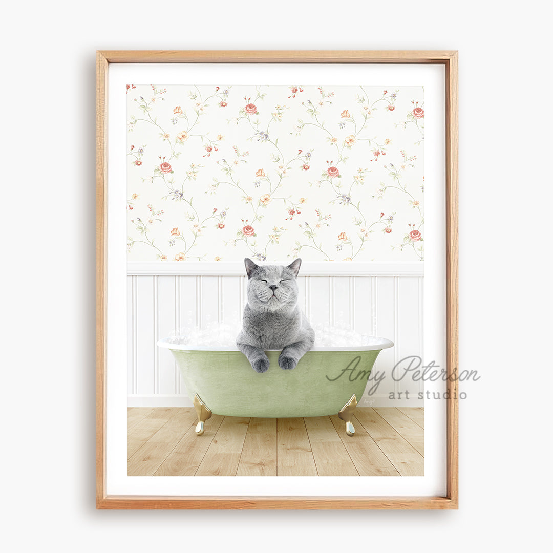 a gray cat sitting in a green bath tub