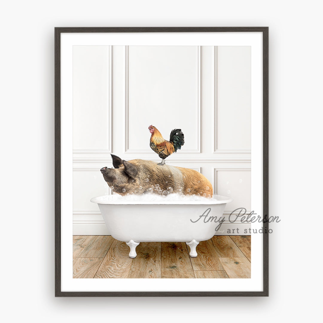 a dog in a bathtub with a rooster on top of it