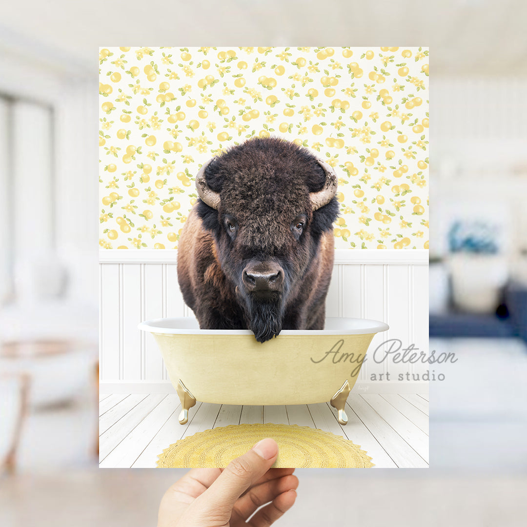 a bison is standing in a bath tub