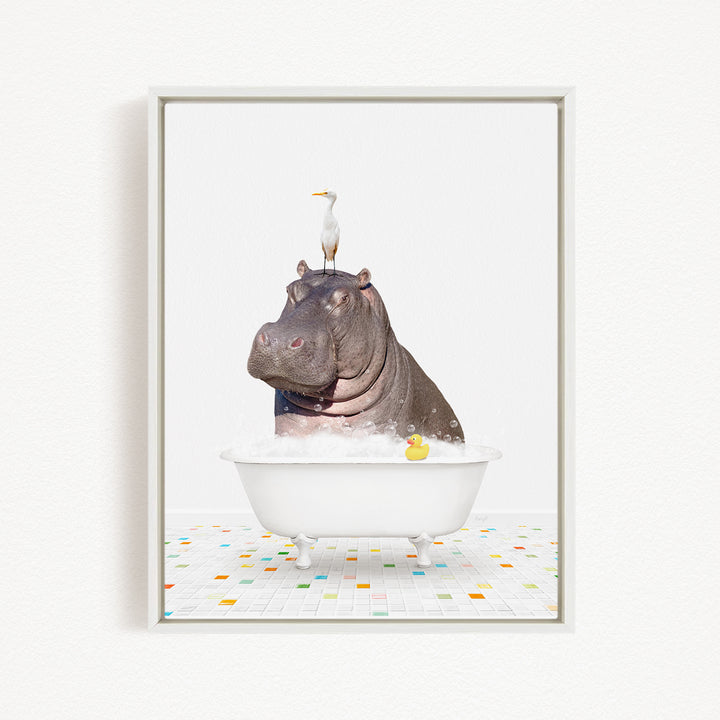 A hippopotamus sitting in a bathtub with a bird perched on its head.
