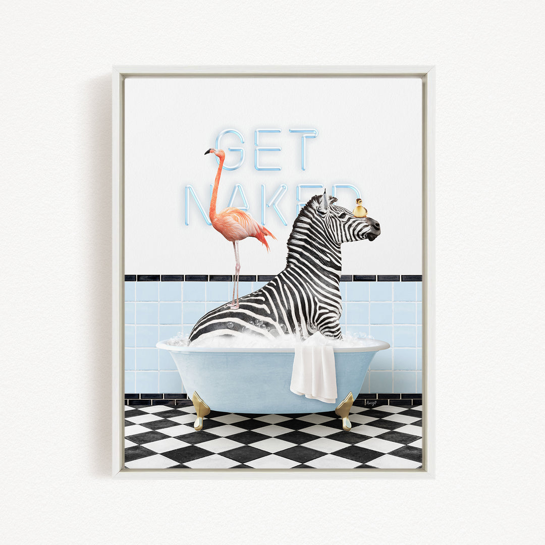 A zebra sitting in a bathtub, with a pink flamingo standing on its back, and a neon sign that says "GET NAKED" in the background.