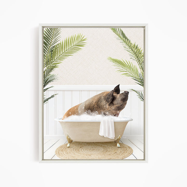 A pig sitting in a bathtub filled with water, surrounded by palm leaves, creating a whimsical and playful scene.